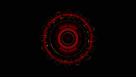 intricate red and yellow circular hud element with rotating gears and blinking lights. sci-fi interface for danger, alert, or advanced technology concepts