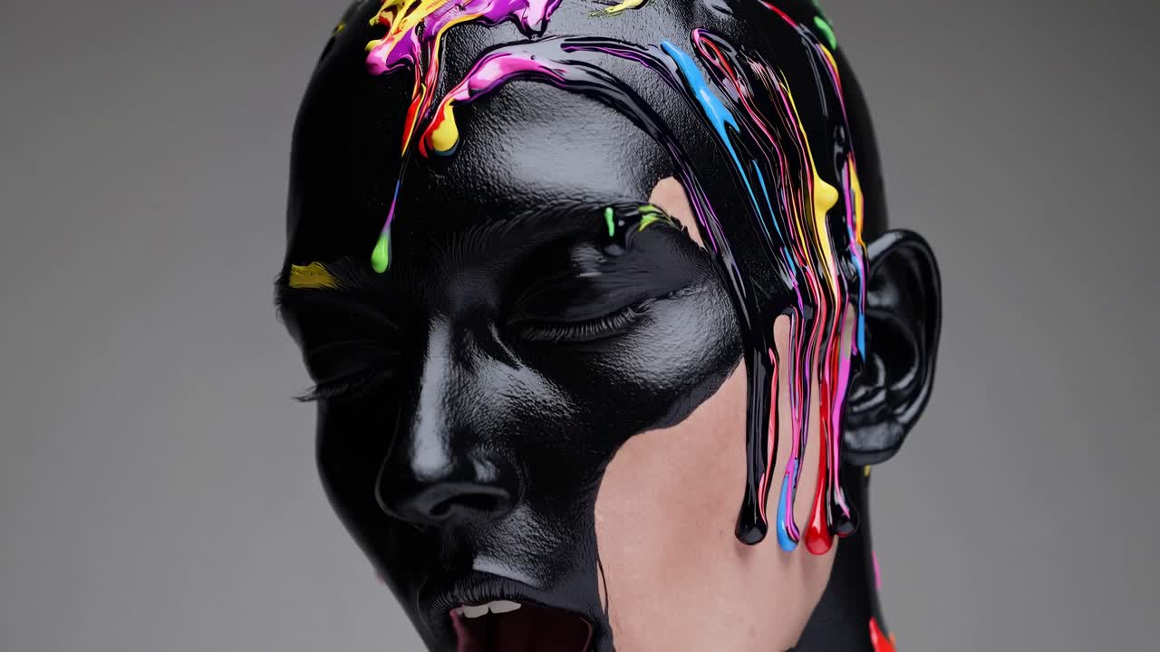 Dramatic portrait revealing artistic model bearing black paint cascading down face, vibrant colors dripping, screaming with shut eyes against neutral backdrop