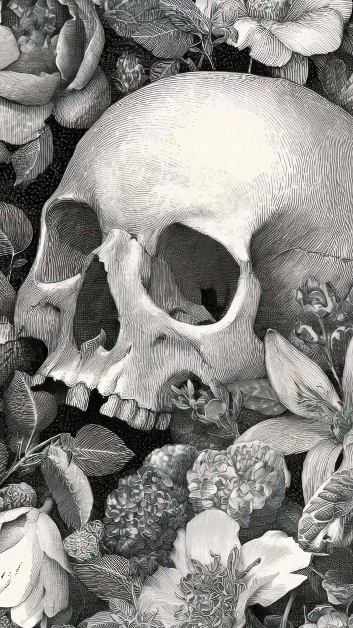 Illustrazione dettagliata di un teschio umano circondato da fiori