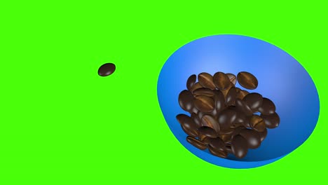 coffee beans falling in the bowl, 3d animation green screen chroma key