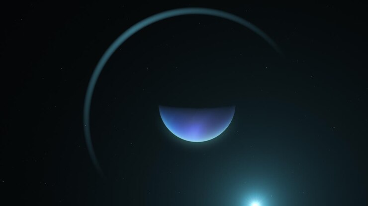 Eighth Planet Neptune Orbiting With Its Ring And Moon In The Outer Space