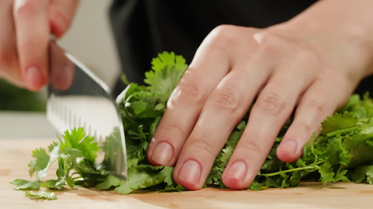 Cilantro parsley cutting by knife close up, chef chop cut coriander aromatic, traditional asian and Mexican cuisine herb studio shot. High quality 4k footage