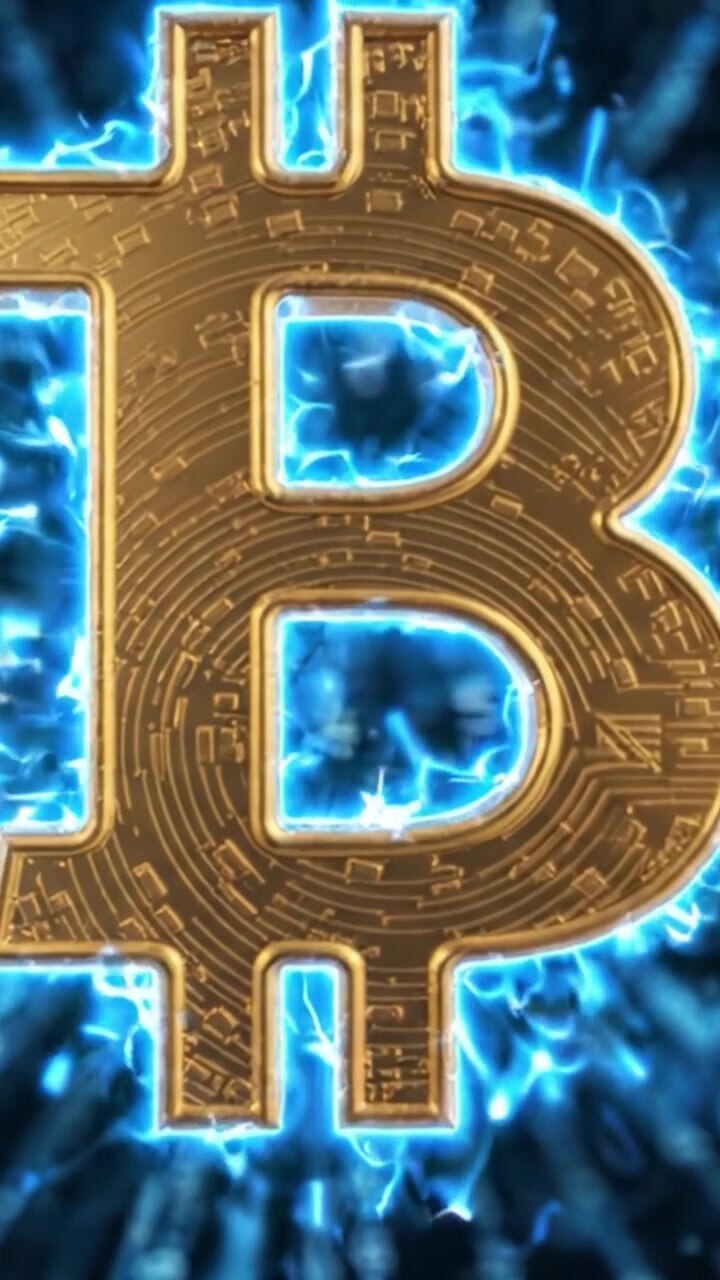 Una rappresentazione visiva accattivante di Bitcoin, con un glorioso simbolo dorato illuminato da effetti blu elettrico e uno sfondo dinamico di tecnologia e innovazione.