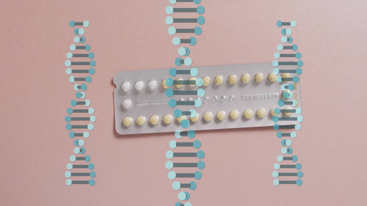 Animation of dna strands over pills on pink background
