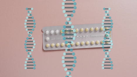 animation of dna strands over pills on pink background