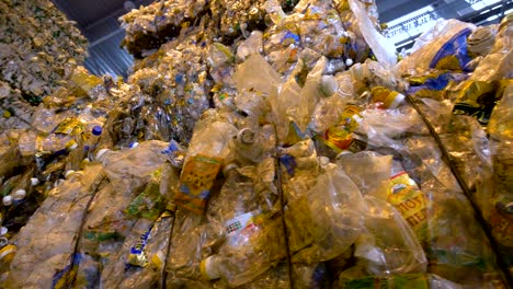 el reciclaje de botellas para mascotas recogidas en grandes pilas. centro de clasificación de basura. dolly shot.