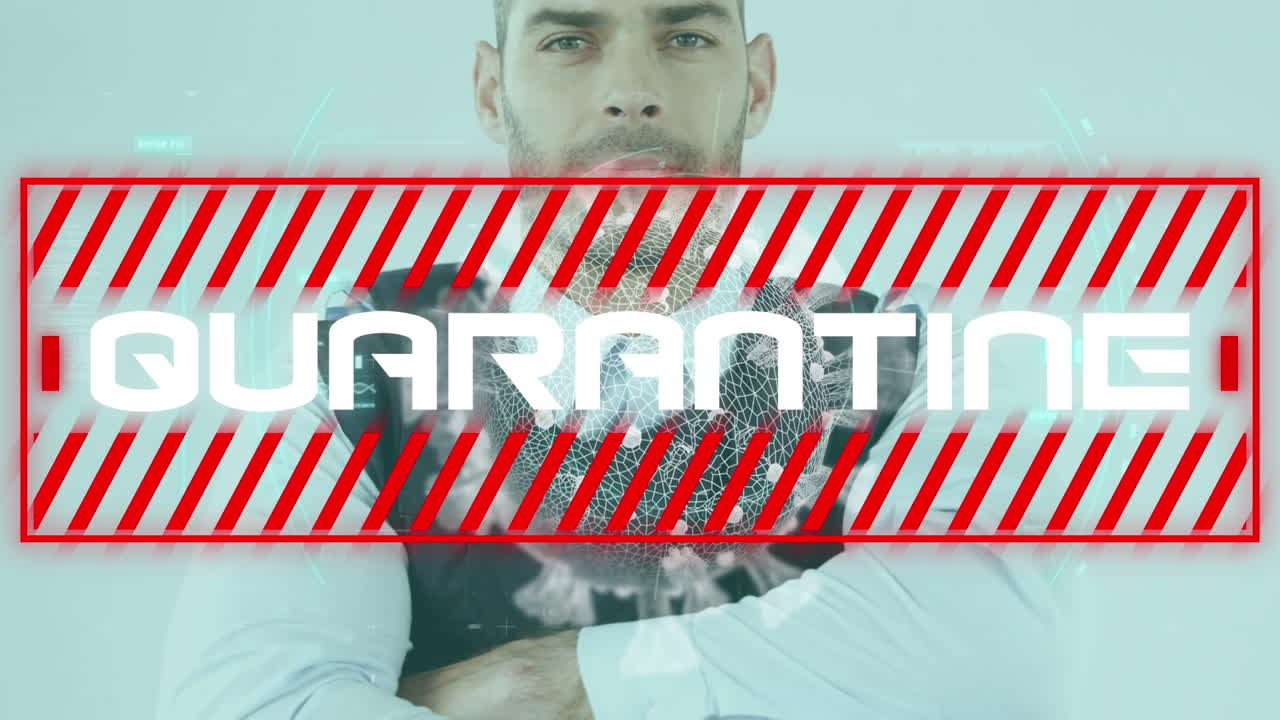 코로나19 세포가 움직이는 디지털 복합 비디오와 팔을  ⁇ 는 사람에 대한 격리 텍스트