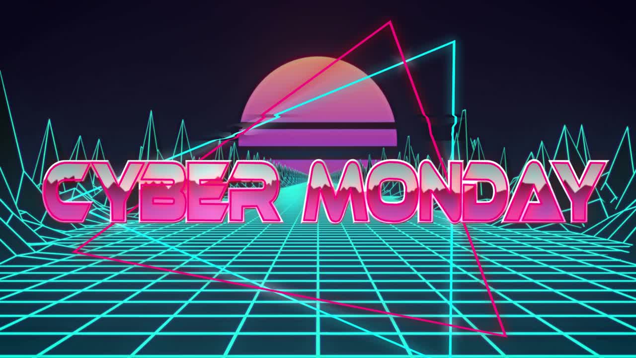 Testo Cyber Monday che pulsa in una griglia neon renderizzata in 3D con montagne wireframe e glitch