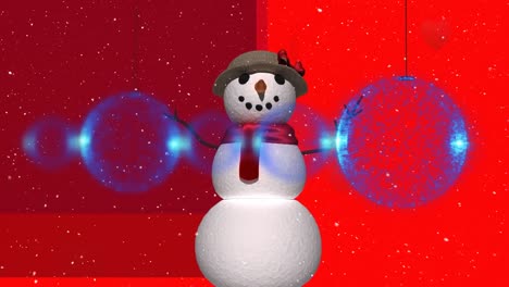 Animation-of-blue-christmas-baubles-over-snowman-and-snow-falling