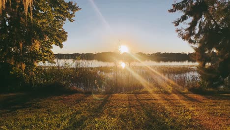 sunset over a lake with trees