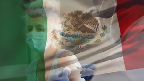 animación de la bandera de nigeria ondeando sobre el médico con máscara facial y con la vacuna en la mano