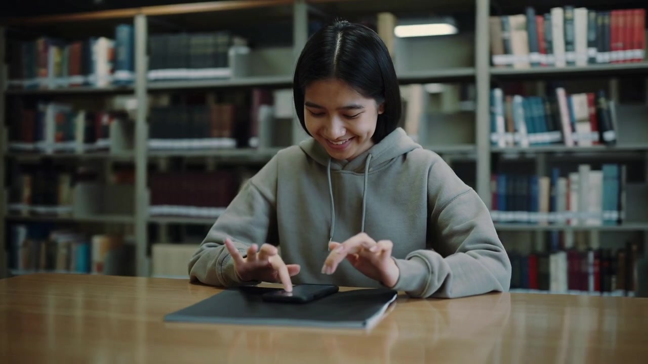 Hovering hands, Asian student leaning and tapping smartphone on notebook at library in grey hoodie