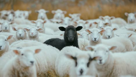 black sheep among a flock of white sheep
