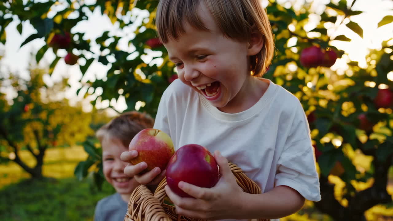Happy child picking fresh apples in an orchard