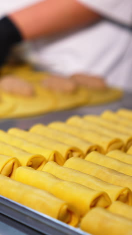 full tray with semi-cooked stuffed crepes. close up. chef in gloves rolls yellow pancakes with stuffing at backdrop in blur. vertical video
