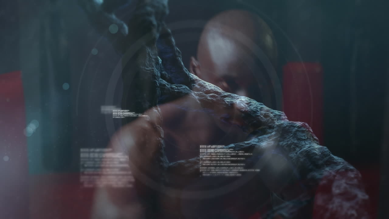 animación de la cadena de adn sobre un boxeador masculino musculoso haciendo ejercicio