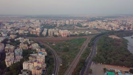 aerial pullback shot of sunset in hyderabad, india