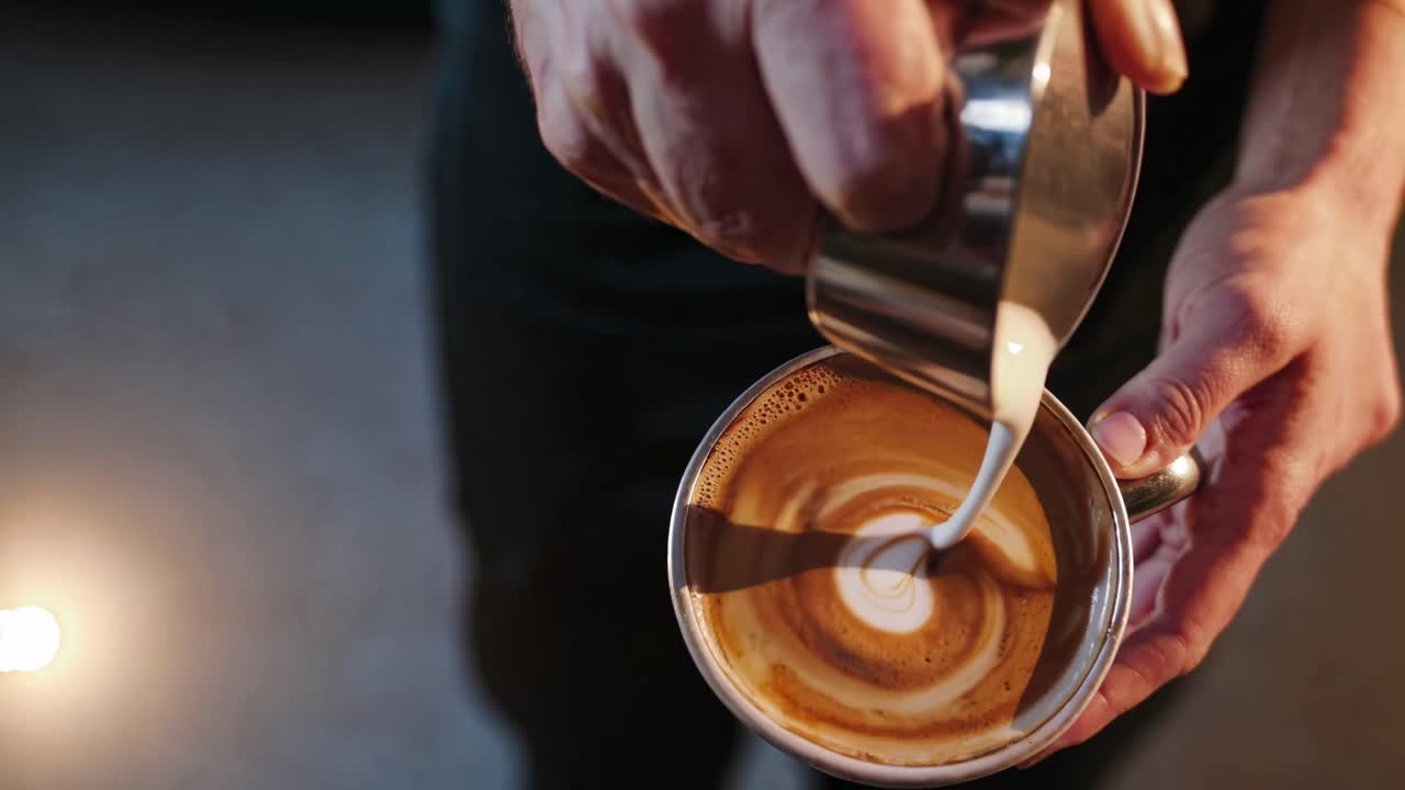 Latte art being poured into a cup