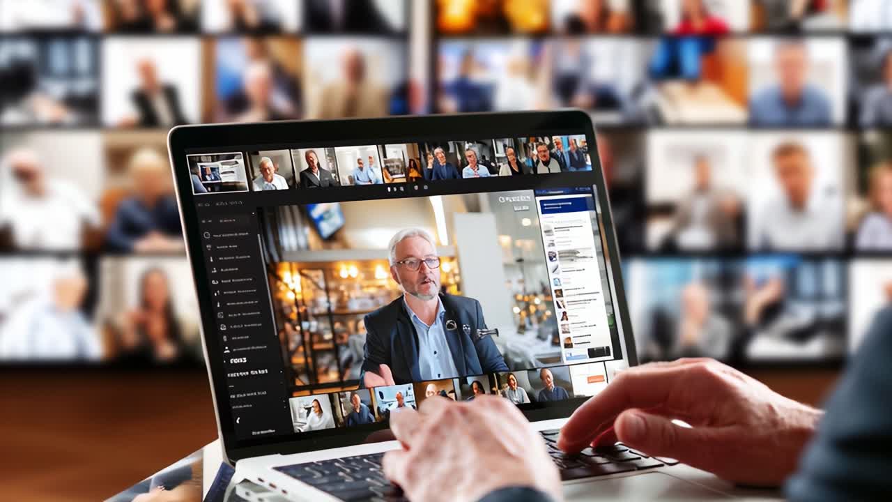 Engaging Virtual Meeting: A Focused Individual Participates in an Online Video Conference with Multiple Participants Displayed on a Laptop Screen, Showcasing Remote Communication Effectively
