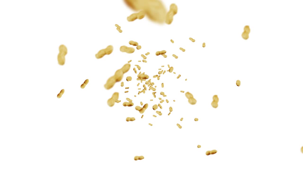 volare molte arachidi su sfondo bianco. arachidi crudi. arachidi in gusci. cibo biologico sano. animazione a ciclo 3d della rotazione dei semi.