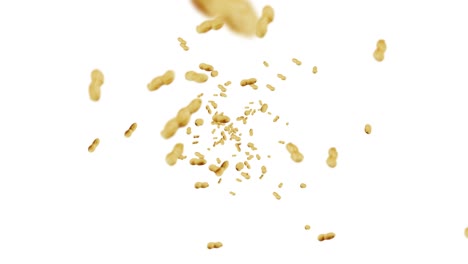 volando muchos cacahuetes en fondo blanco. cacahuetes crudos. cacahuete en conchas. alimentos orgánicos saludables. animación de bucle 3d de la rotación de semillas.