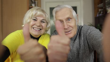 pretty mature senior couple grandparents making video call message at home