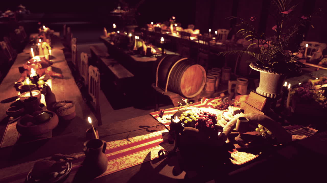 Candlelit Dinner Table with Wine and Fruit