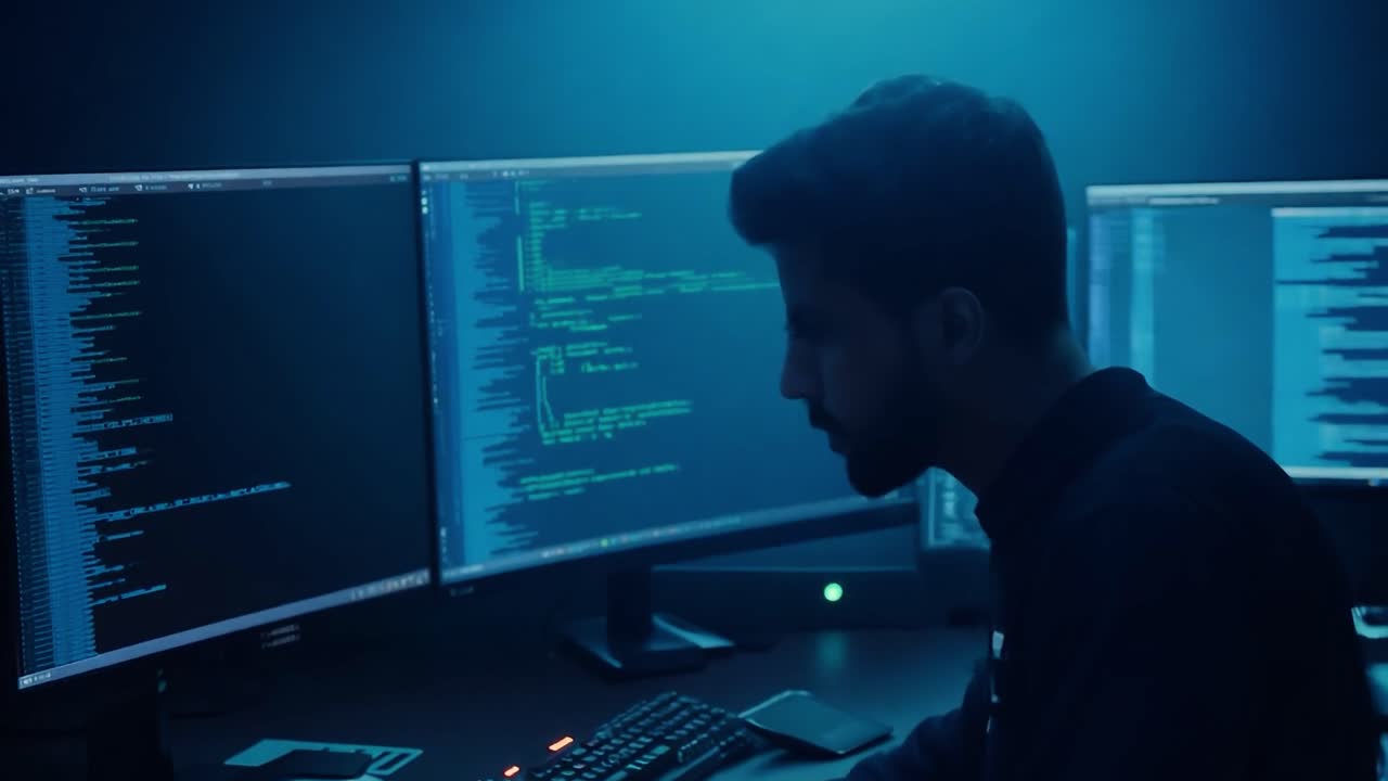 A programmer working on a computer in a dark room.