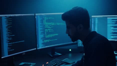 un programador trabajando en una computadora en una habitación oscura.