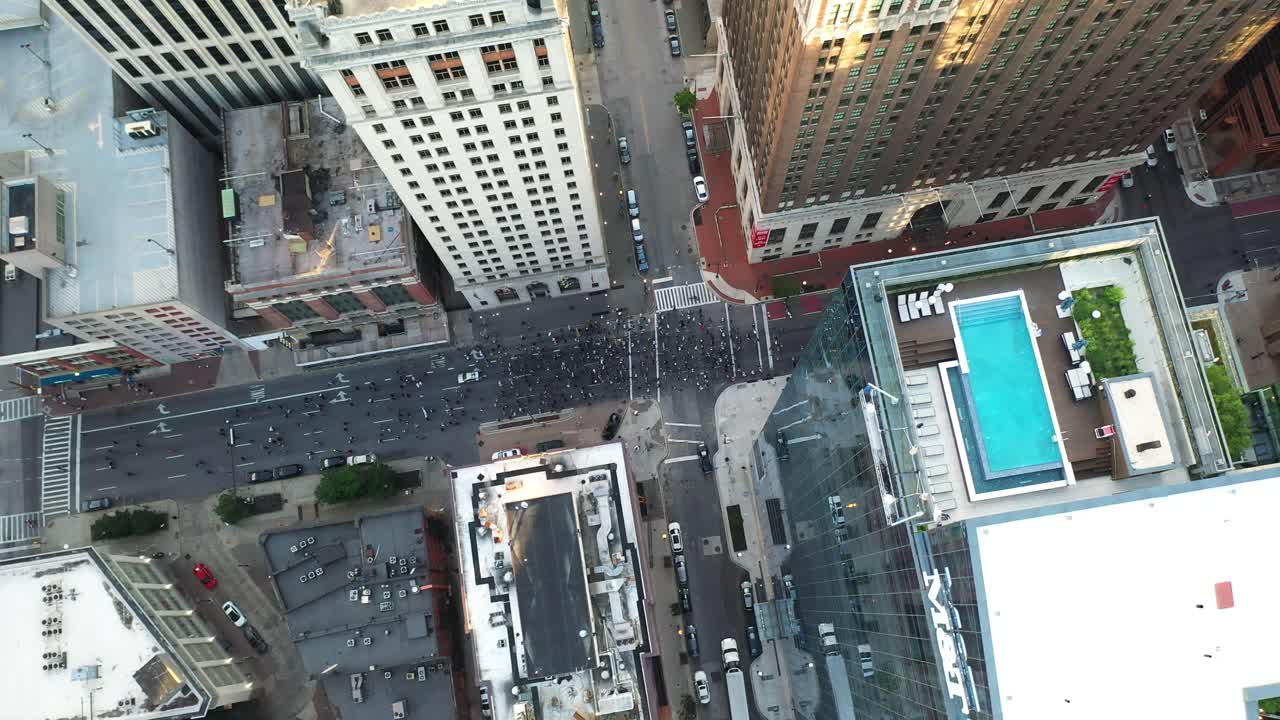 Top Down Aerial View of Black Lives Matter Protest Against Police Brutality on Streets in Downtown Baltimore, Maryland USA