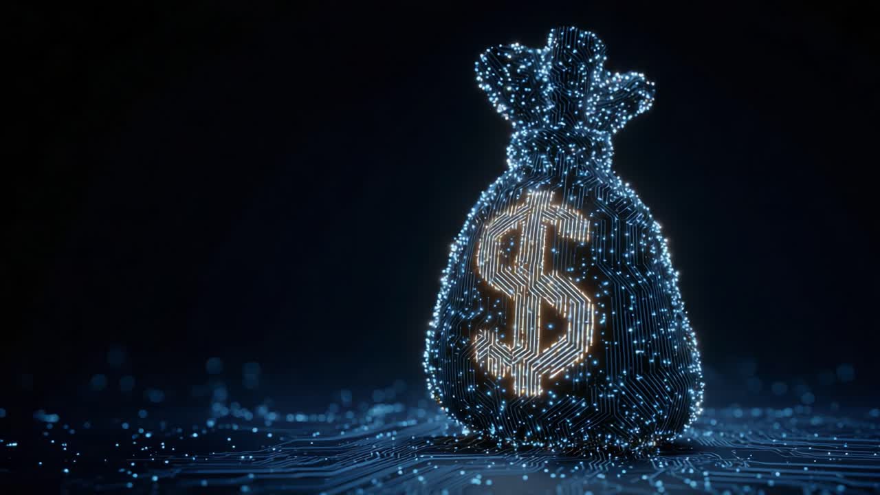 A Stunning Visualization of a Digital Money Bag Displaying Illuminated Currency Symbols Against a Dark, Technological Background Reflecting Modern Finance and Innovation