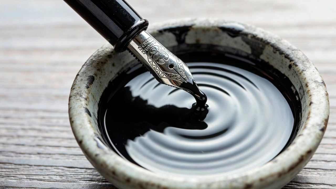 Verzierte Metallfeder taucht in glänzende schwarze Tinte in einem flachen Keramiktiegel, um Tinte zum Schreiben aufzunehmen