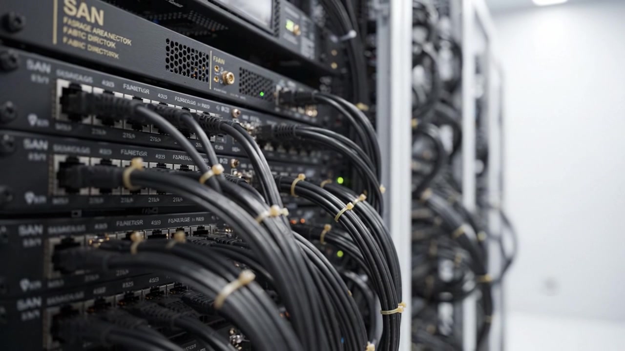 Detailed Look at High-Tech Server Rack with Network Cables and SAN Technology in a Modern Data Center Environment, Highlighting Connectivity and Data Management.
