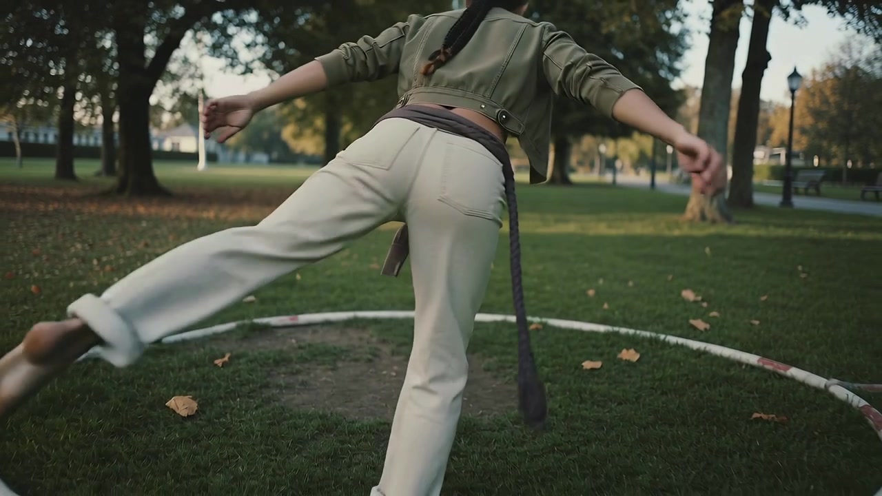 Spinning woman in jacket, beige pants, camera pulling back, practicing dance in park metal ring