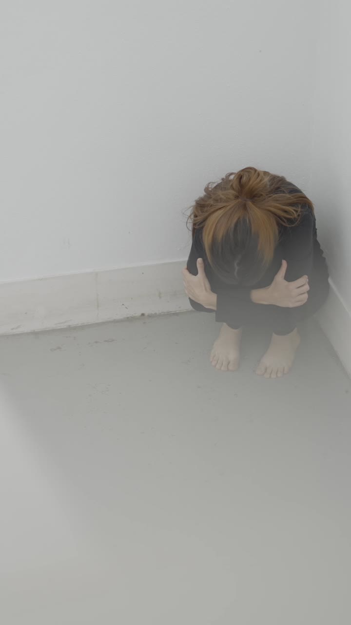 Mujer deprimida o ansiosa acurrucada sola en un rincón