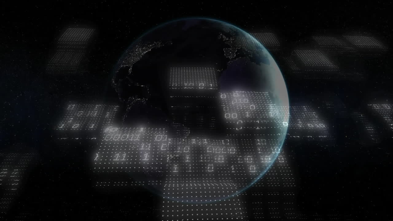 Planet Earth orbiting in deep space, showing twinkling city lights and holographic binary grids