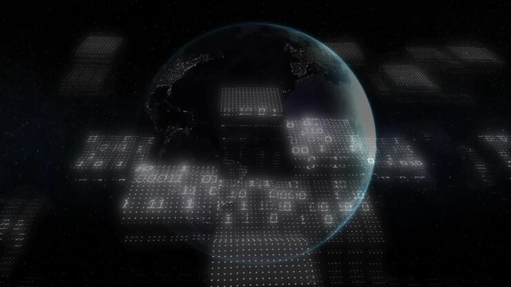 Planet Earth orbiting in deep space, showing twinkling city lights and holographic binary grids