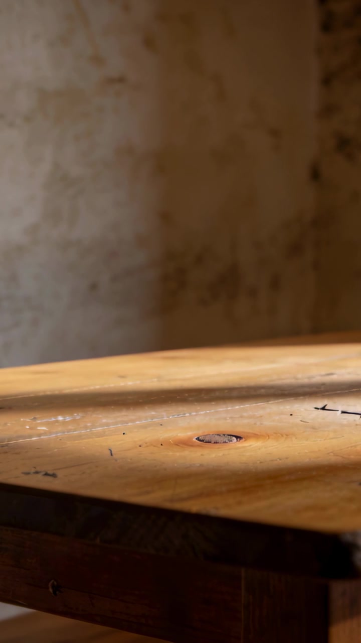 Video verticale: Luce solare che si sposta su un tavolo di legno e una parete intonacata in una stanza, mostrando un nodo del legno.