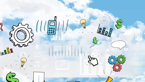 animation of digital internet icons and data processing over clouds