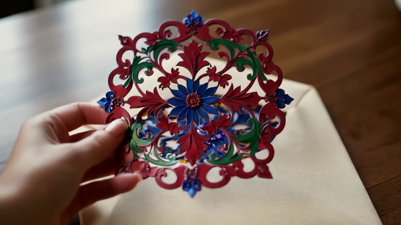 Main tendue tirant une décoration découpée au laser d’une enveloppe couleur crème sur une table en bois pour inspection