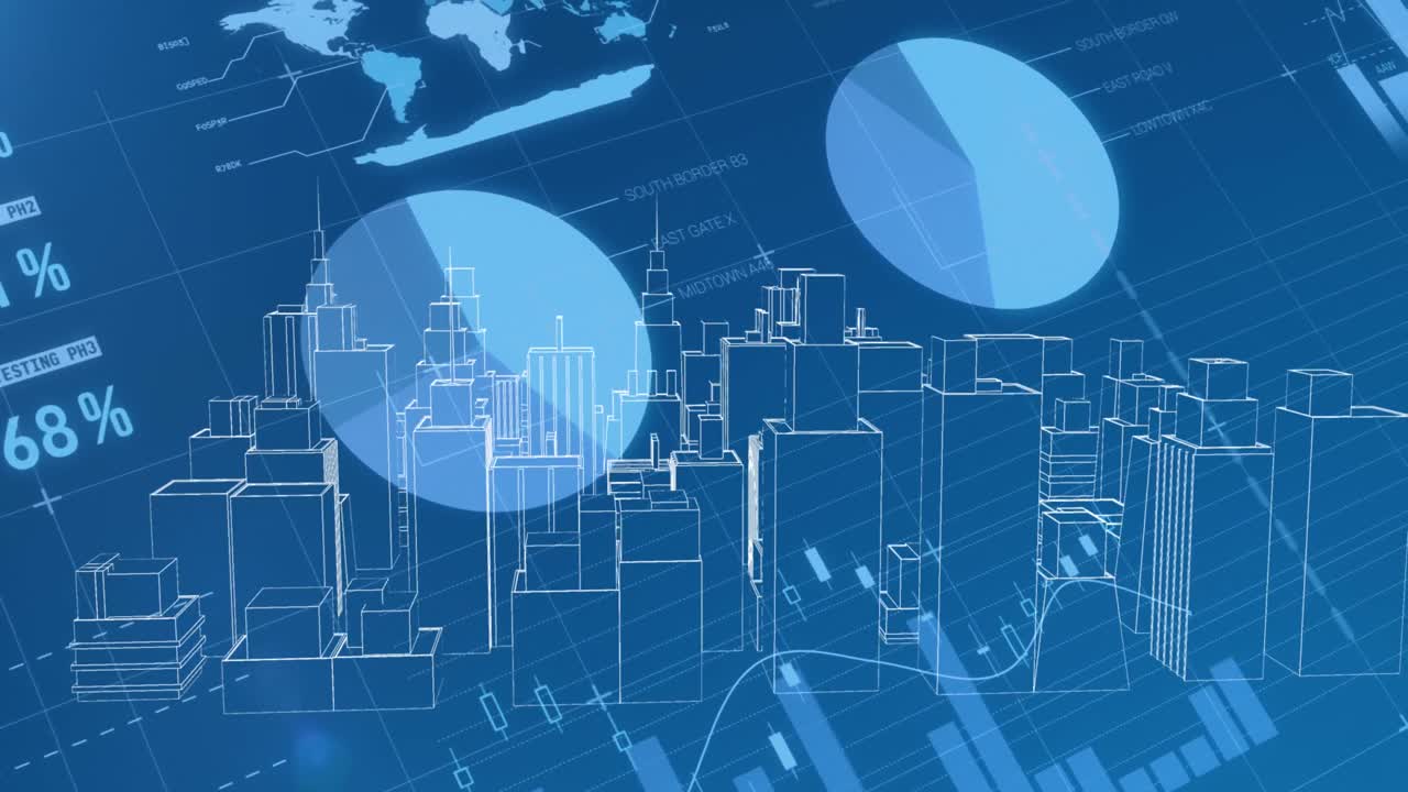 파란색 배경에 데이터 처리를 통해 디지털 도시의 애니메이션