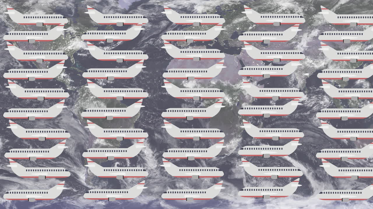 세계 지도 위의 비행기의 애니메이션