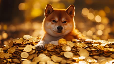 shiba inu dog with a pile of coins