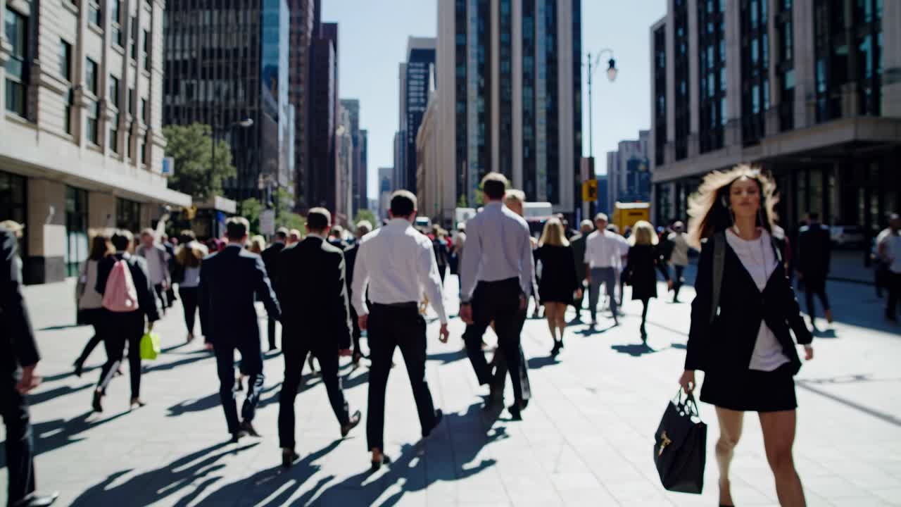 A bustling city street with people in business attire, captured from a low-angle, creating a dynamic