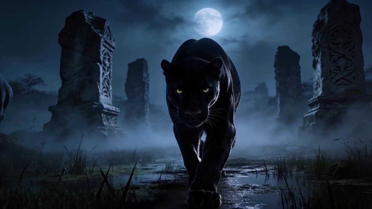 Ein schleichender schwarzer Panther reagiert auf das Mondlicht und geht durch eine neblige Ruine mit geschnitzten Säulen.