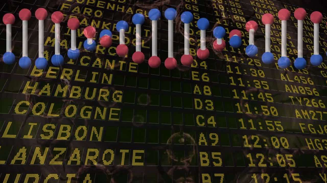 검은색 배경의 공항 정보 게시판에 대한 dna 구조 스핀링과 코로나19 세포