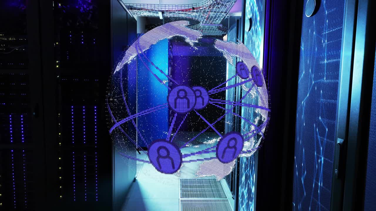 Receiving network request, violet 3D globe rotating while projecting user nodes connecting globally