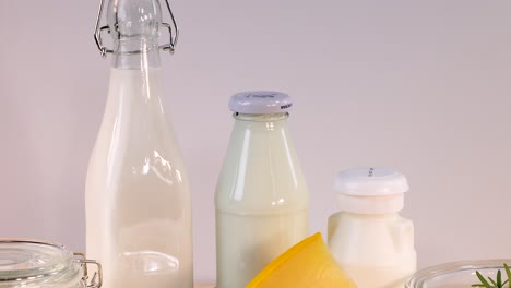 various dairy items arranged on a white background