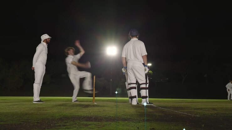 Un lanciatore di cricket lancia la palla, il battitore reagisce, il giocatore di campo raccoglie la palla, il gioco riprende e le luci brillano.