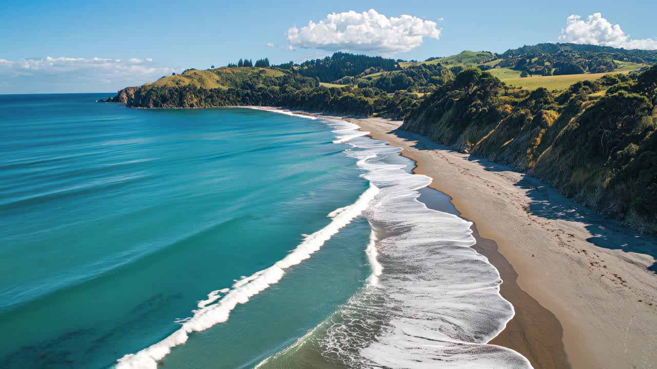 Aerial view of a serene coastline with turquoise waters and lush cliffs, perfect for a travel video